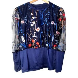 Blue Embroidered Floral Sheer Sleeve Top | Women’s Size Small | Boho Chic